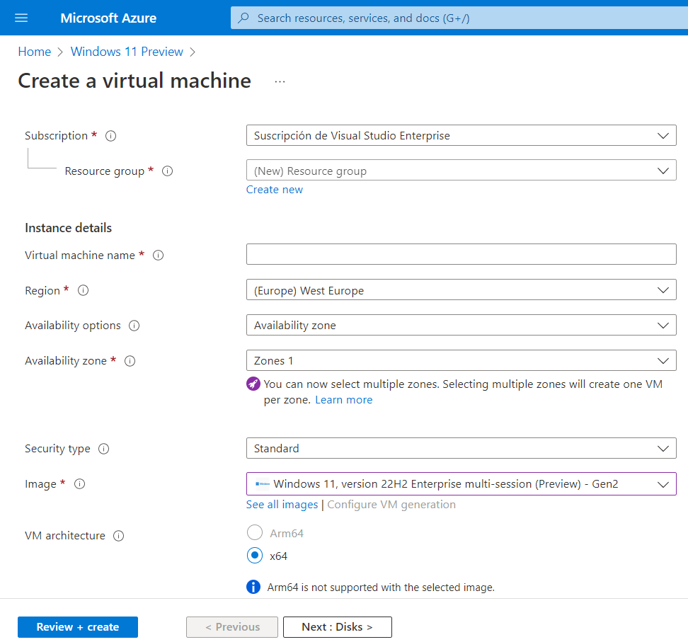 Windows 11 Preview wizard (same as Azure Virtual Machine wizard)
